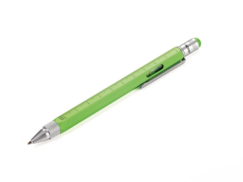 TROIKA CONSTRUCTION â€“ PIP20/NG â€“ Multitasking ballpoint pen â€“ centimetre and inch ruler â€“ 1:20 m and 1:50 m scale â€“ spirit level â€“ brass â€“ laquered â€“ neon green, silver â€“ TROIKA-original - Image 1